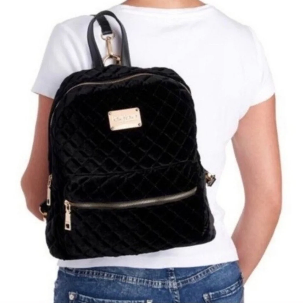 BEBE Black Velvet Diamond Quilted Mini Backpack Shoulder Bag Purse Carryall